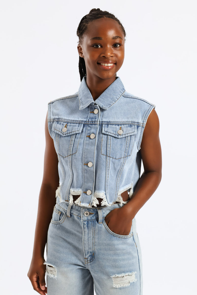 Girls Raw Hem Denim Waistcoat - Mid Blue