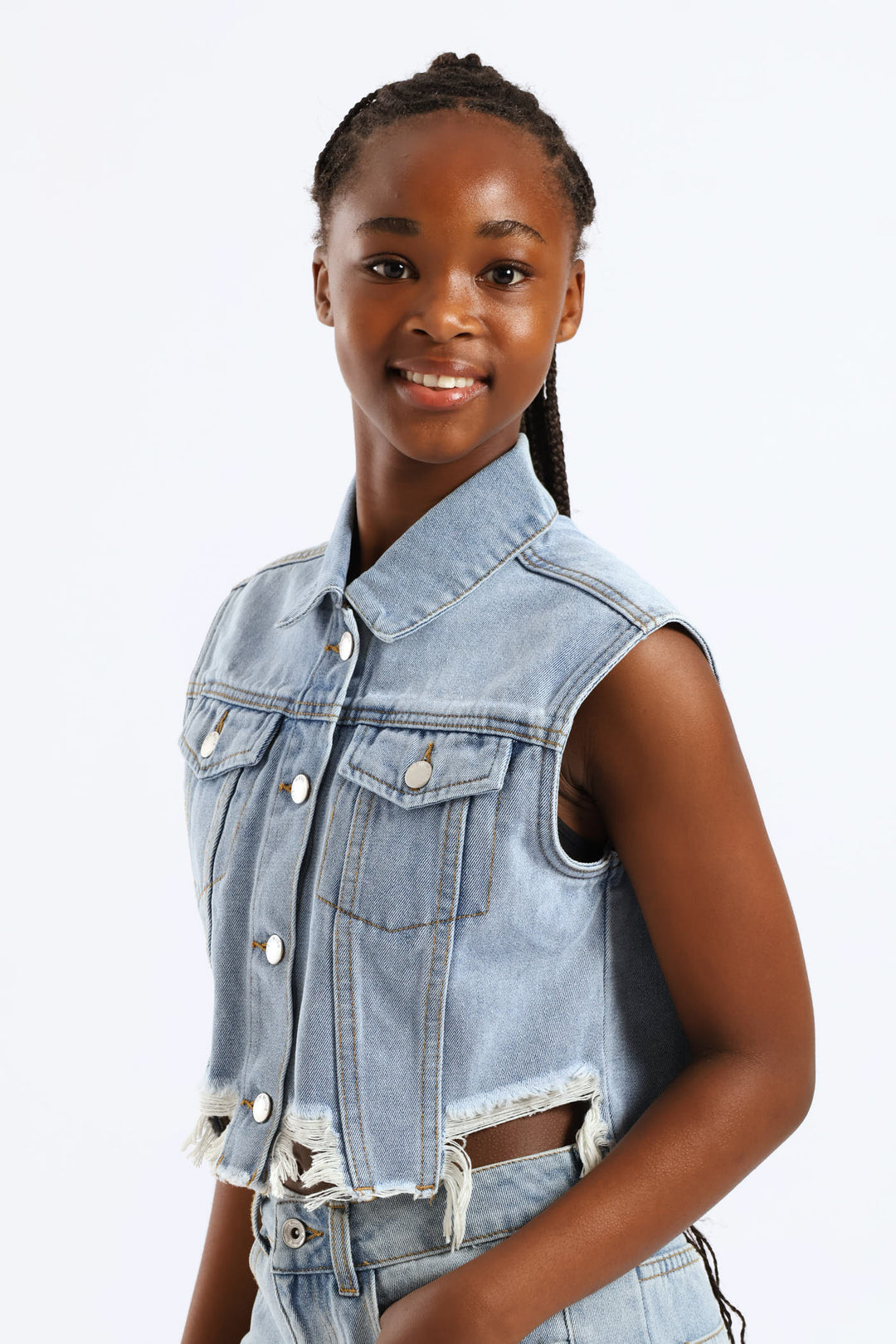 Girls Raw Hem Denim Waistcoat - Mid Blue