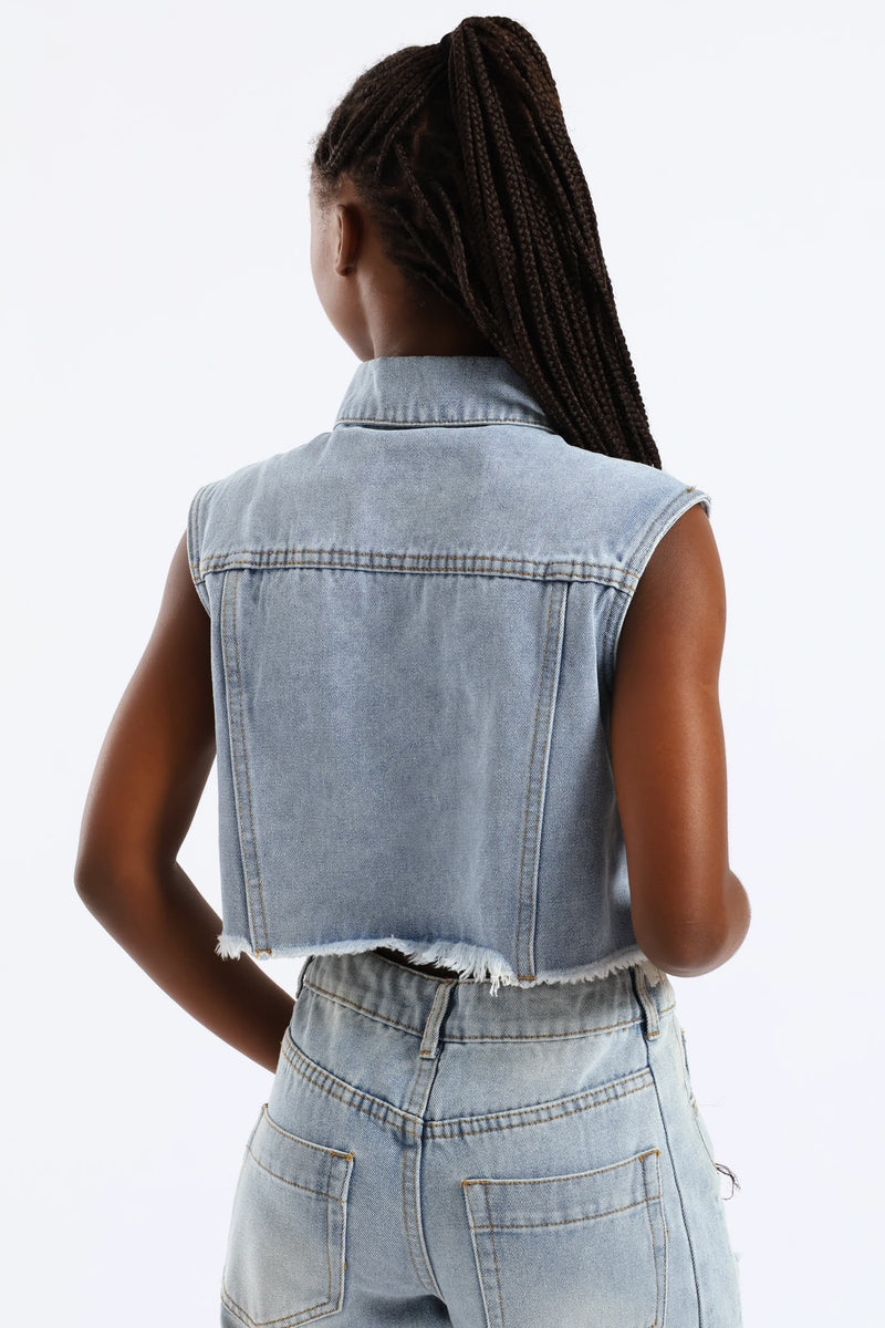 Girls Raw Hem Denim Waistcoat - Mid Blue