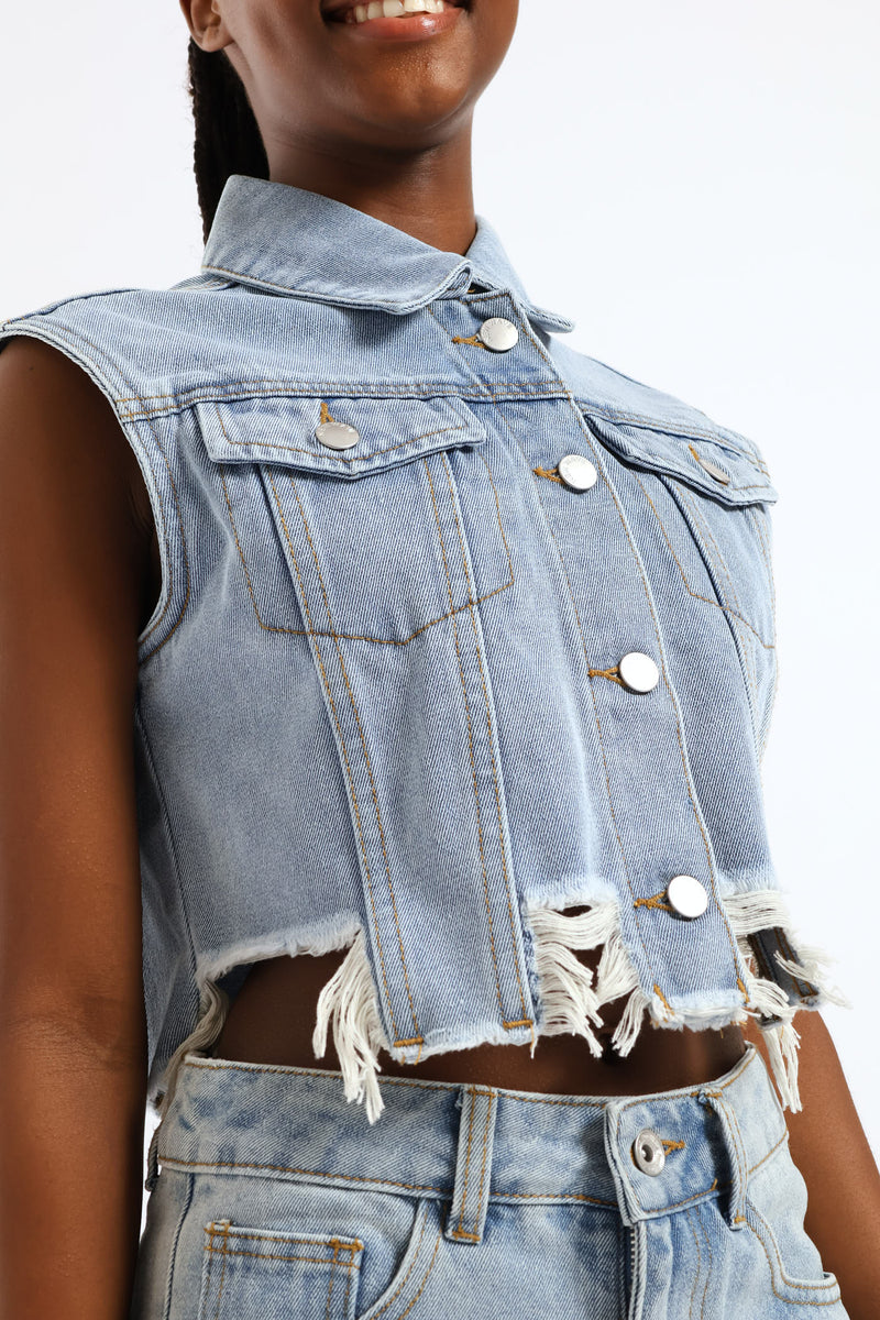 Girls Raw Hem Denim Waistcoat - Mid Blue