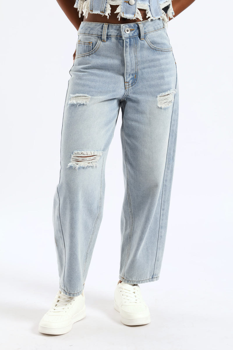 Girls Panel Detail Barrel Jean - Light Blue