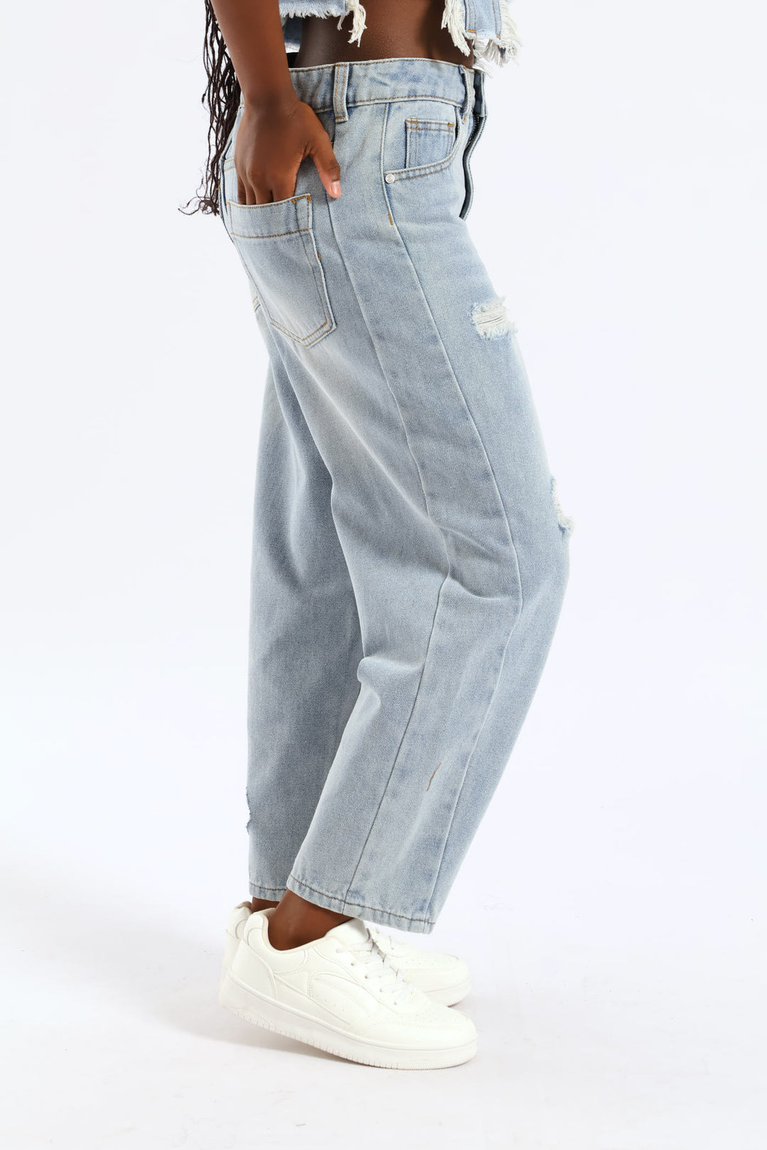 Girls Panel Detail Barrel Jean - Light Blue