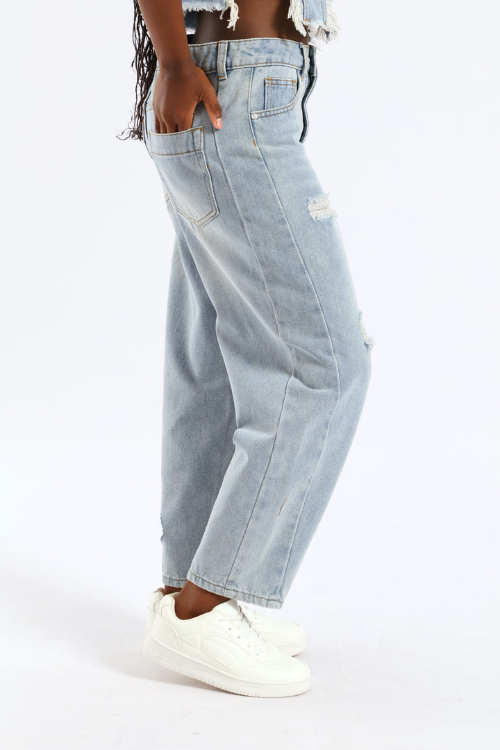 Girls Panel Detail Barrel Jean - Light Blue