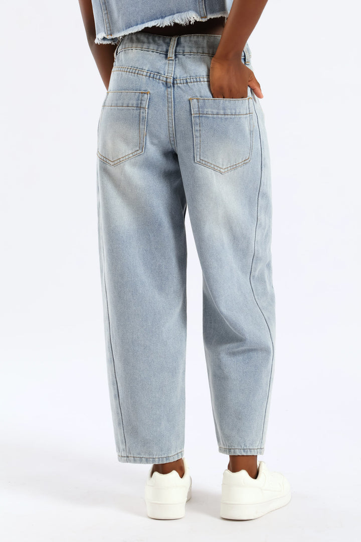 Girls Panel Detail Barrel Jean - Light Blue