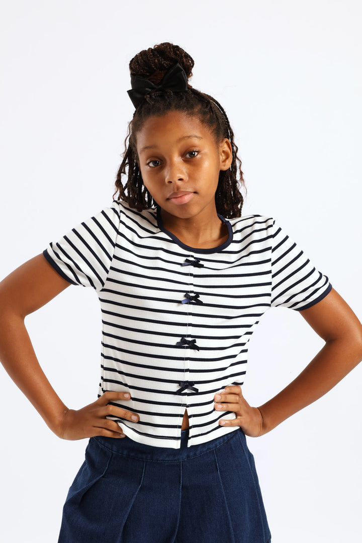 Girls Striped Rib Mock Bow Detail Tee - Multi