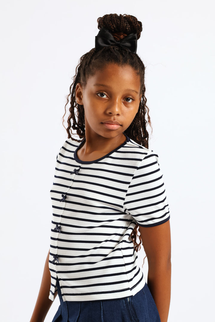 Girls Striped Rib Mock Bow Detail Tee - Multi