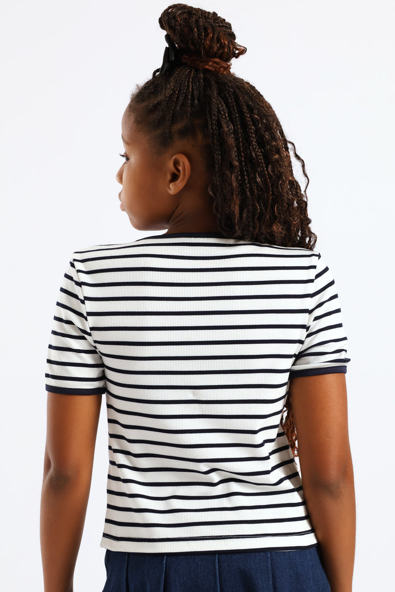 Girls Striped Rib Mock Bow Detail Tee - Multi