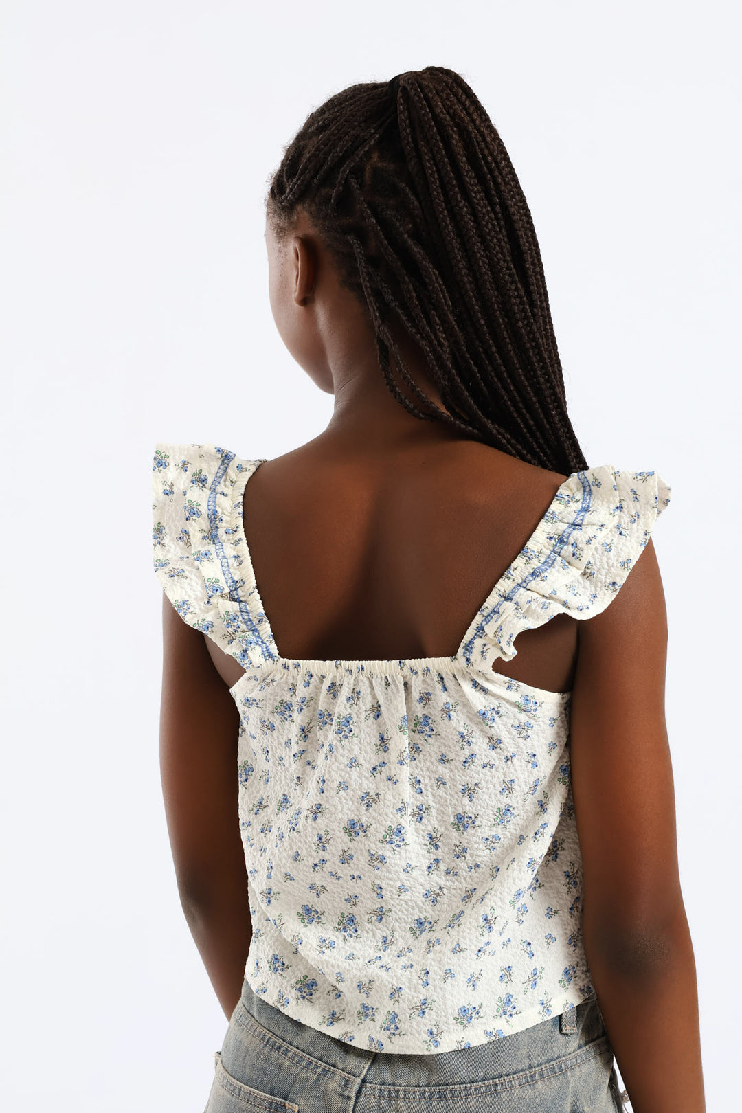 Girls Micro Floral Frill Strap Flare Top - White