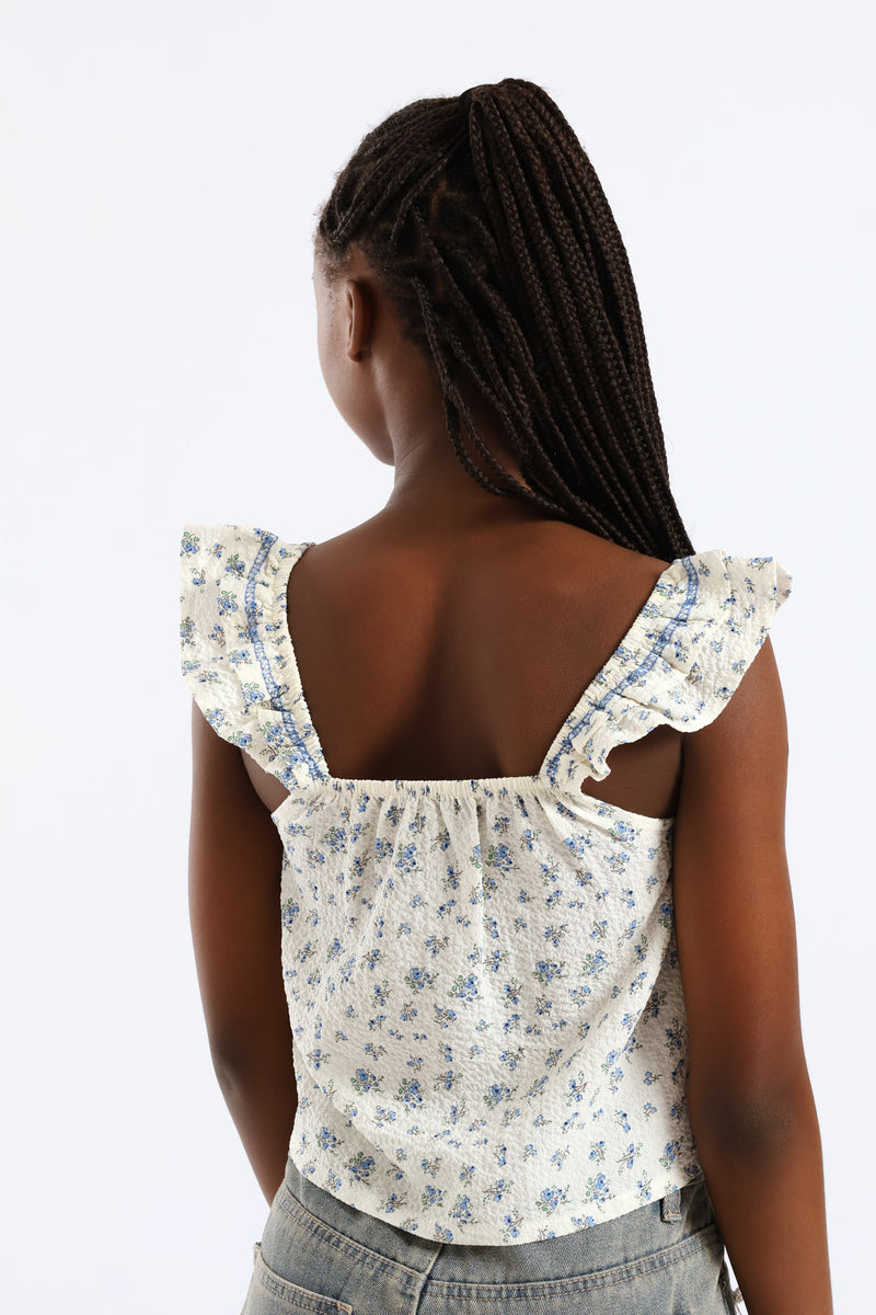 Girls Micro Floral Frill Strap Flare Top - White