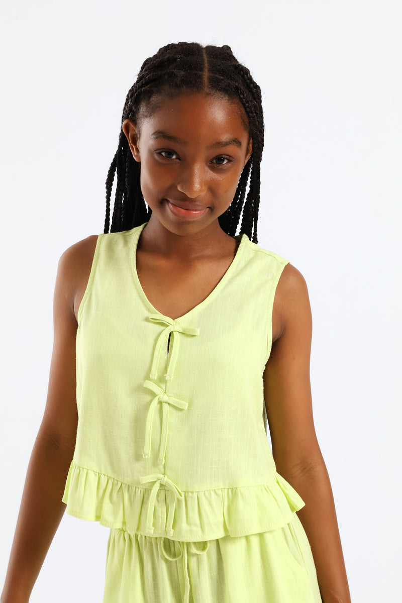 Girls Peplum Bow Detail Woven Top - Lime