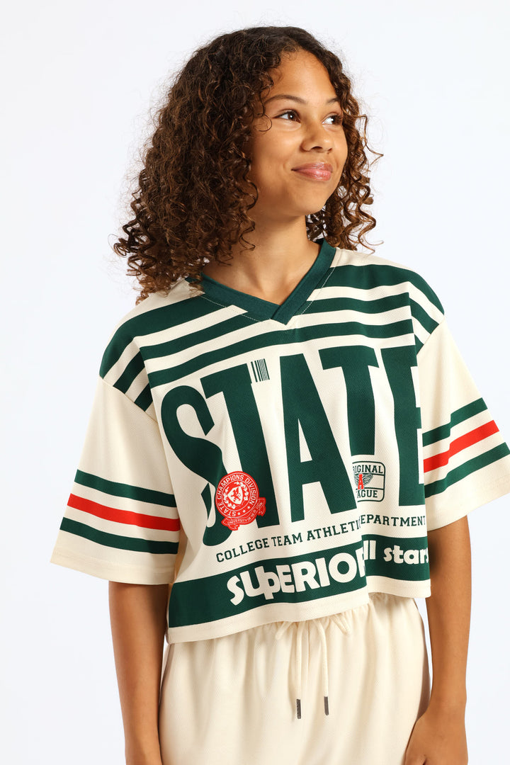 Girls State Stripe Sports Jersey - Stone