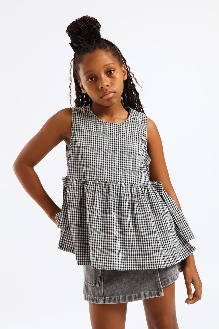 Girls Side Tie Peplum Top - Black/White