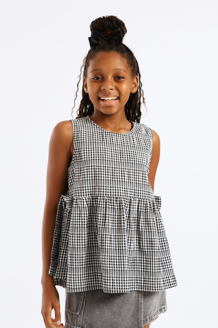 Girls Side Tie Peplum Top - Black/White