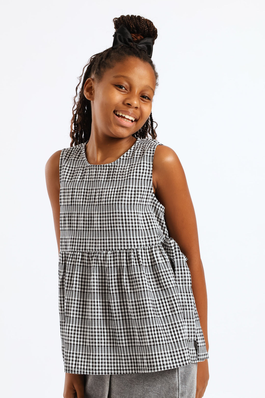 Girls Side Tie Peplum Top - Black/White