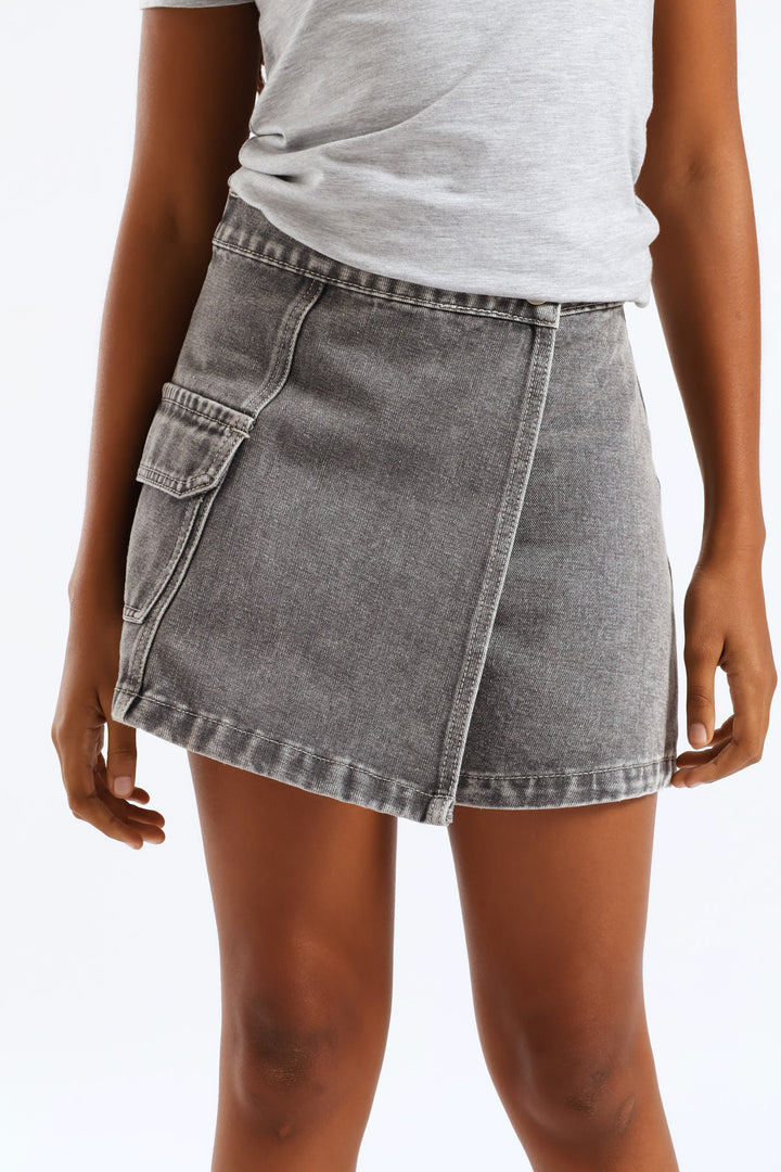 Girls Rigid Denim Cargo Skort - Grey