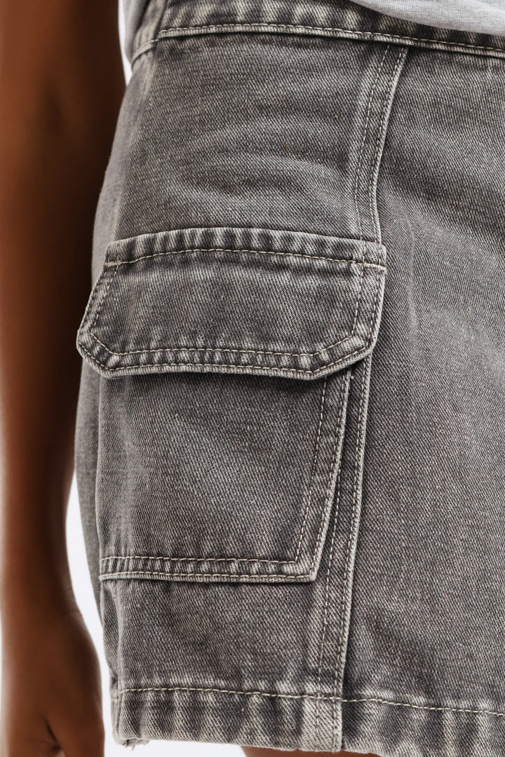 Girls Rigid Denim Cargo Skort - Grey