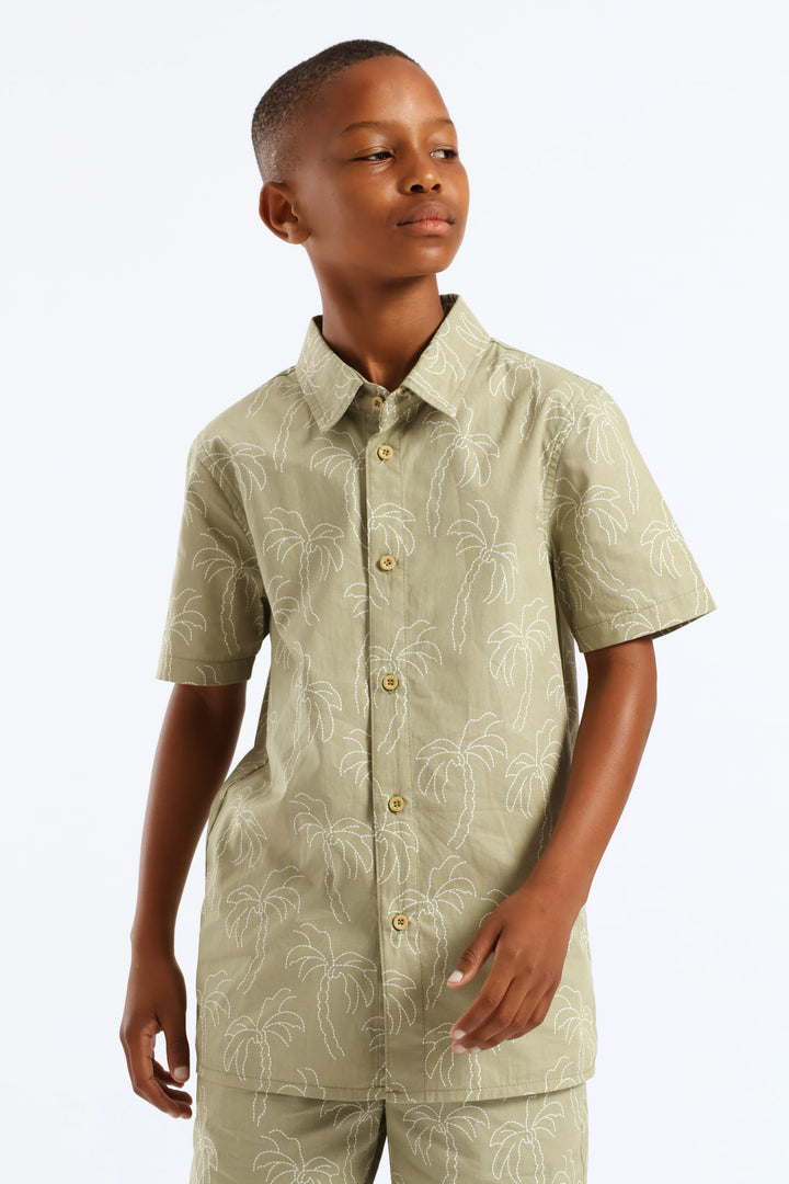 Boys Palm Print Shirt - Olive