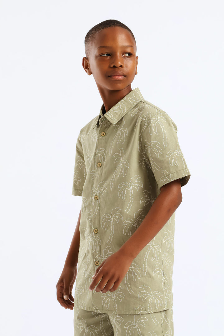 Boys Palm Print Shirt - Olive