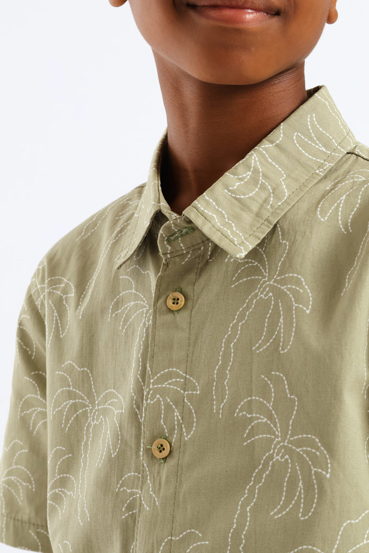 Boys Palm Print Shirt - Olive