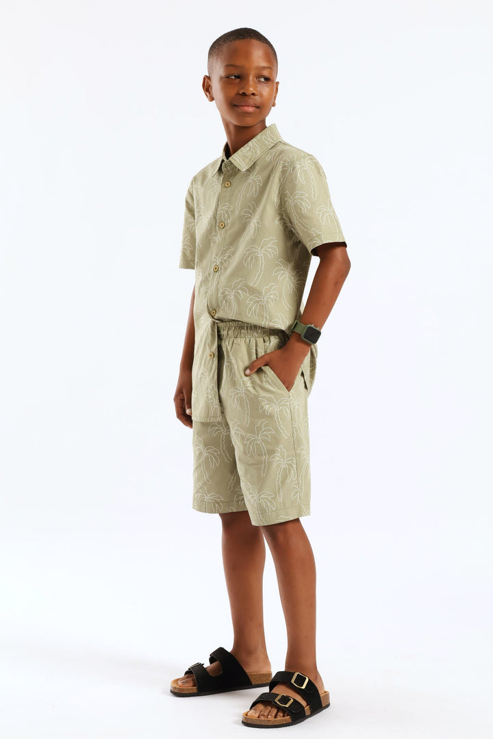 Boys Palm Print Shirt - Olive