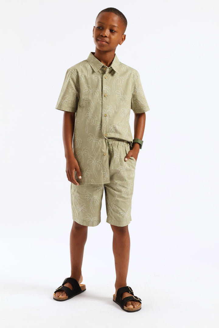 Boys Palm Print Short - Olive