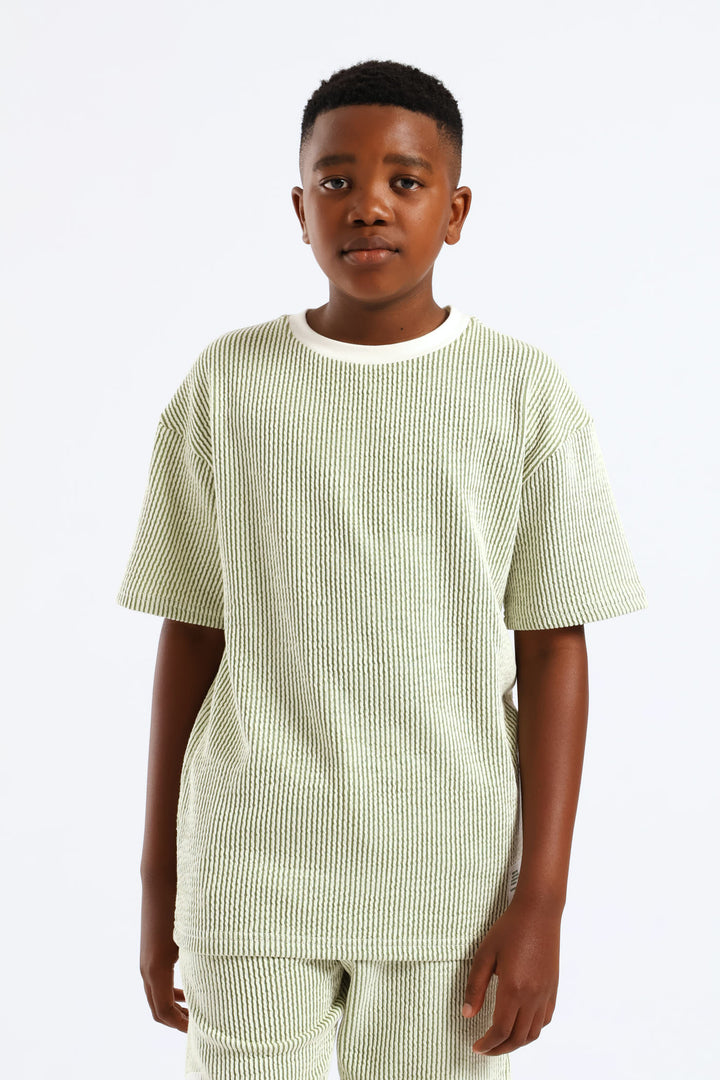 Boys Stripe Seersucker Textured T-Shirt - Olive