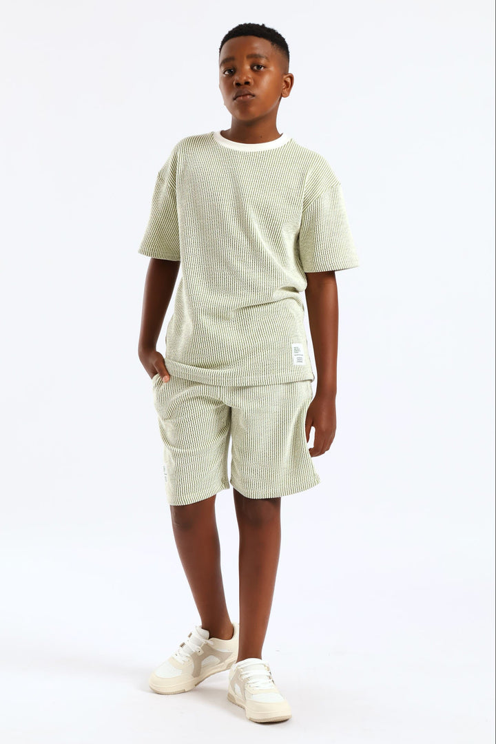Boys Stripe Seersucker Textured T-Shirt - Olive