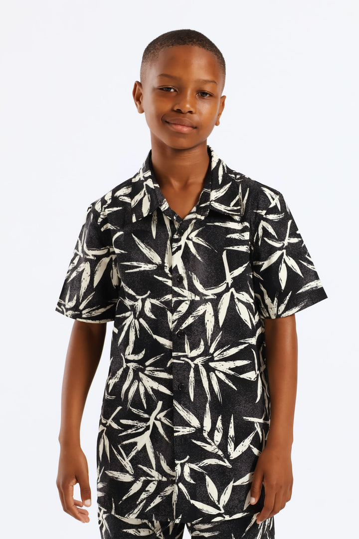 Boys Foliage Print Shirt - Charcoal/Cream