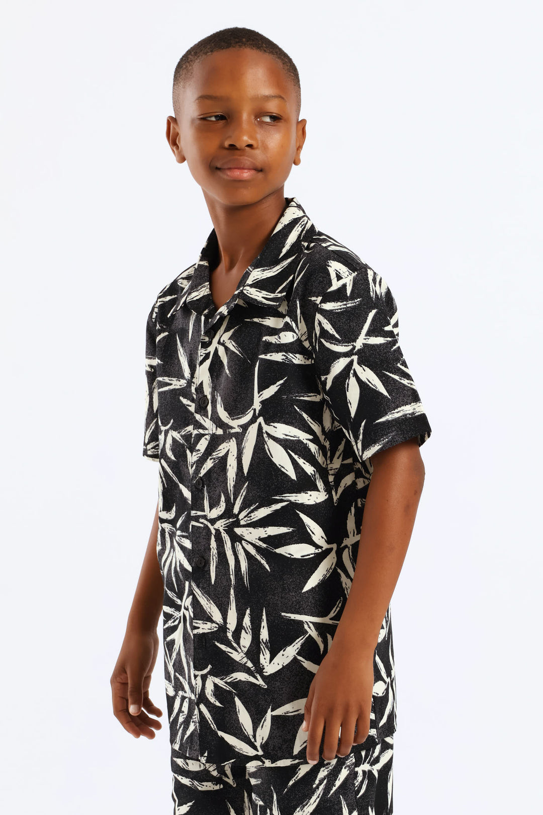 Boys Foliage Print Shirt - Charcoal/Cream