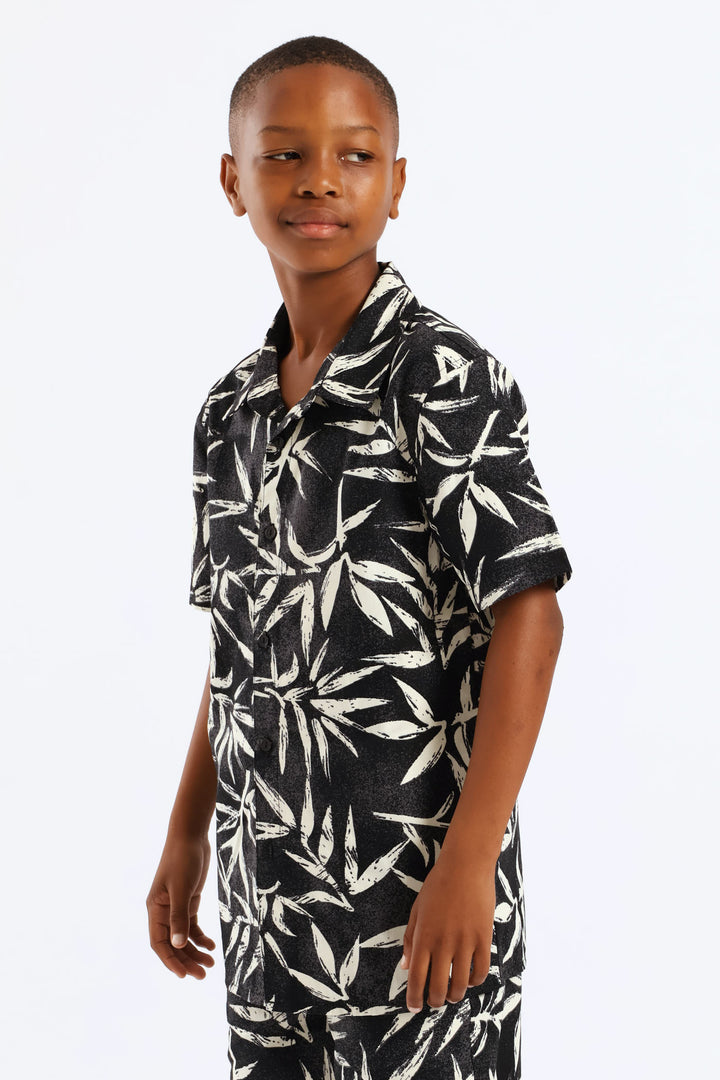 Boys Foliage Print Shirt - Charcoal/Cream