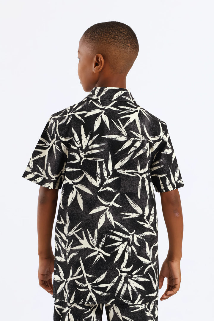 Boys Foliage Print Shirt - Charcoal/Cream