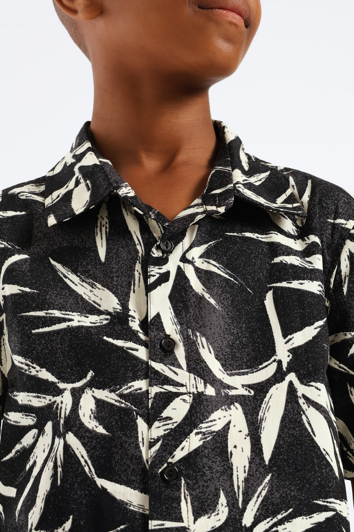 Boys Foliage Print Shirt - Charcoal/Cream