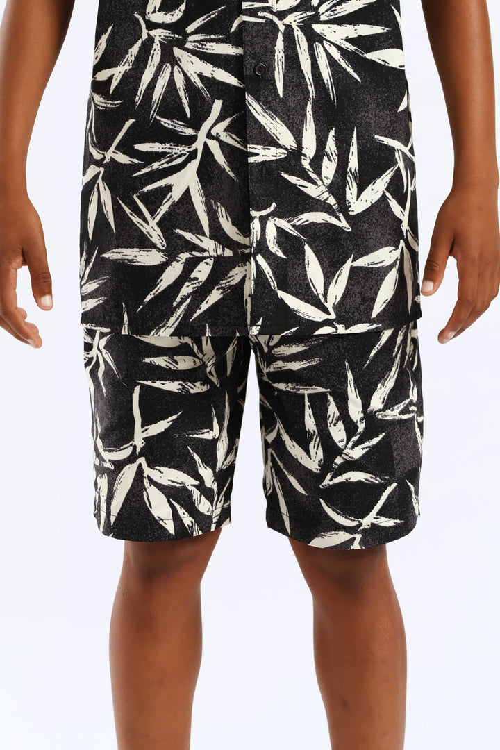 Boys Foliage Print Short - Charcoal/Cream