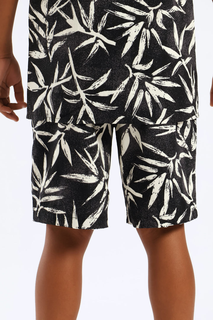 Boys Foliage Print Short - Charcoal/Cream