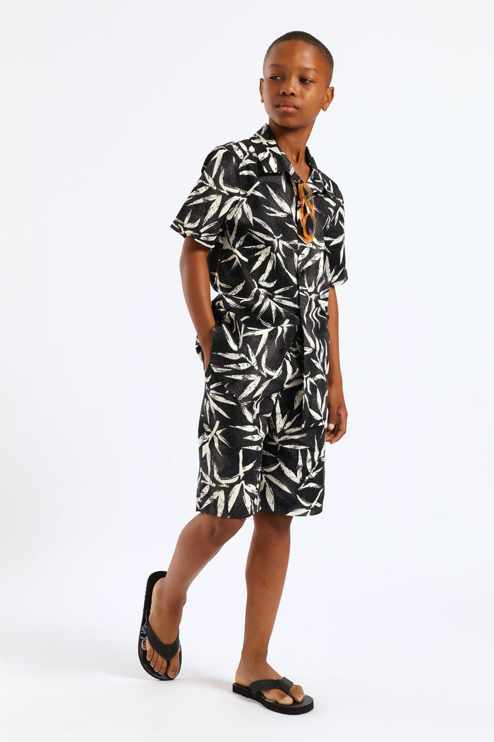 Boys Foliage Print Short - Charcoal/Cream