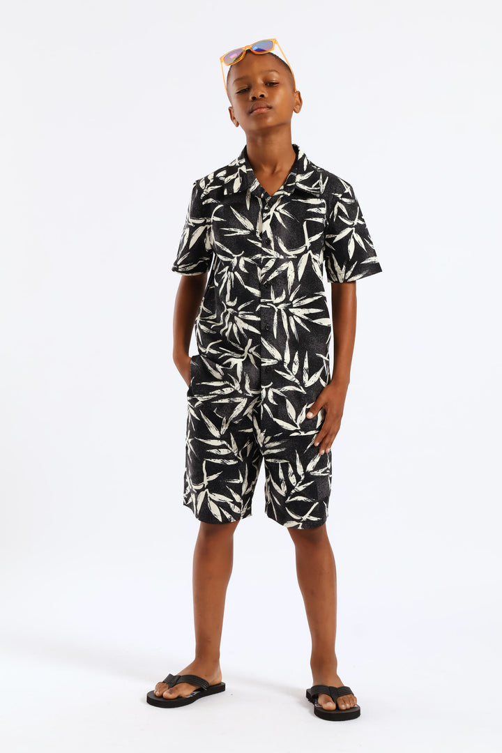 Boys Foliage Print Shirt - Charcoal/Cream