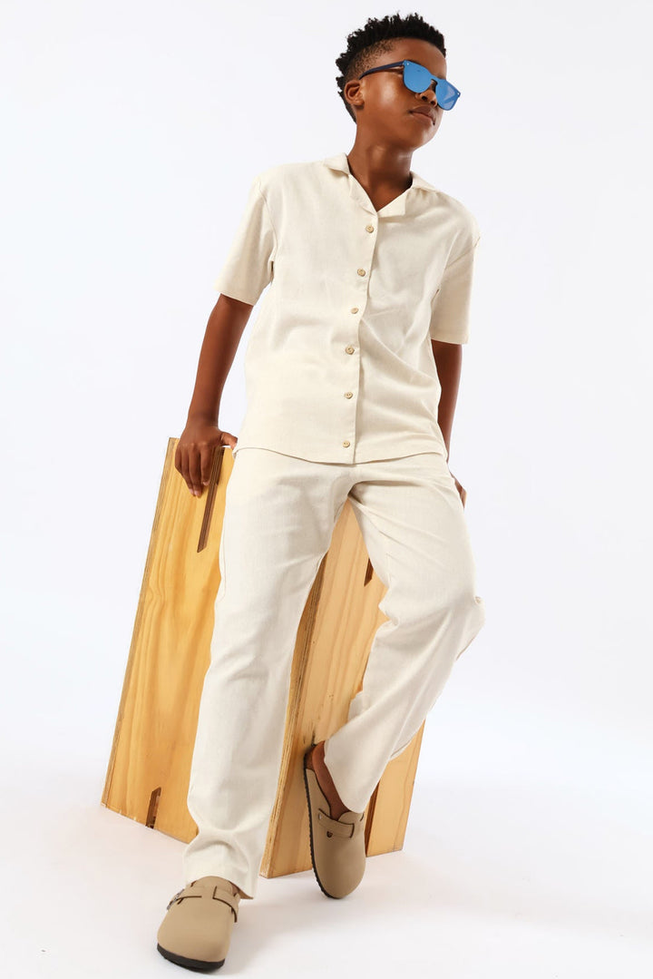Boys Linen Wide Leg Pant - Natural