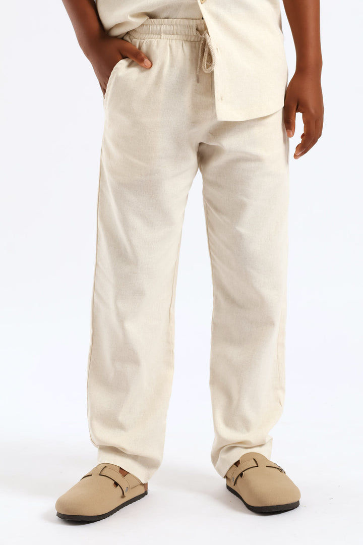 Boys Linen Wide Leg Pant - Natural
