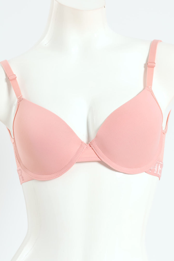 Lacey Padded Underwire Bra With Jaquard Elastic Band - Pink