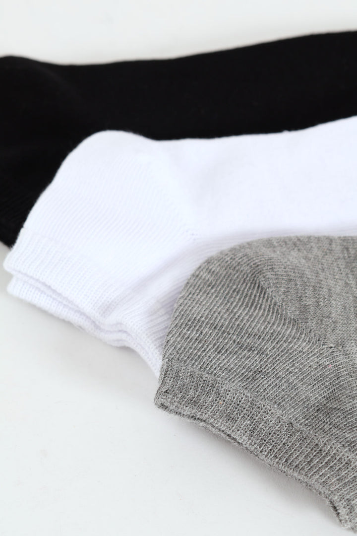 3 Pack Plain Low Cut Socks - Grey/Black/White