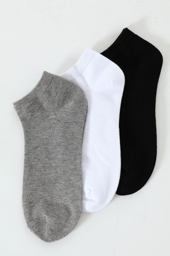 3 Pack Plain Low Cut Socks - Grey/Black/White