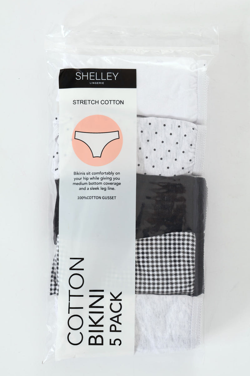 5 Pack Cotton Stretch Bikini Panties - Check/Black/Spot/White/Grey