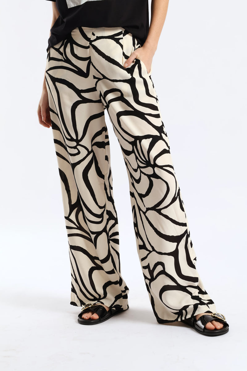 Swirl Print Wide Leg W Front Pleat Pants  - Cream/Black