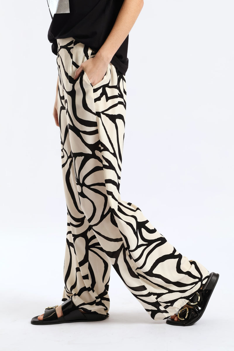 Swirl Print Wide Leg W Front Pleat Pants  - Cream/Black
