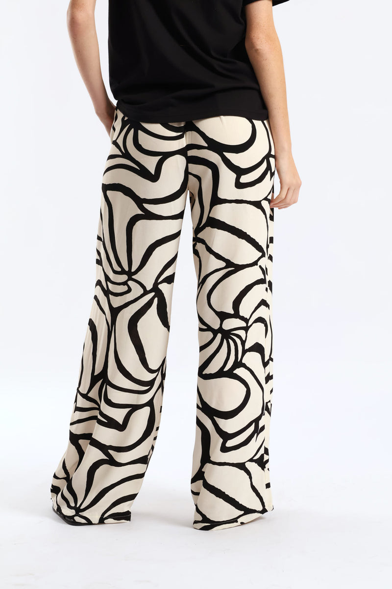 Swirl Print Wide Leg W Front Pleat Pants  - Cream/Black