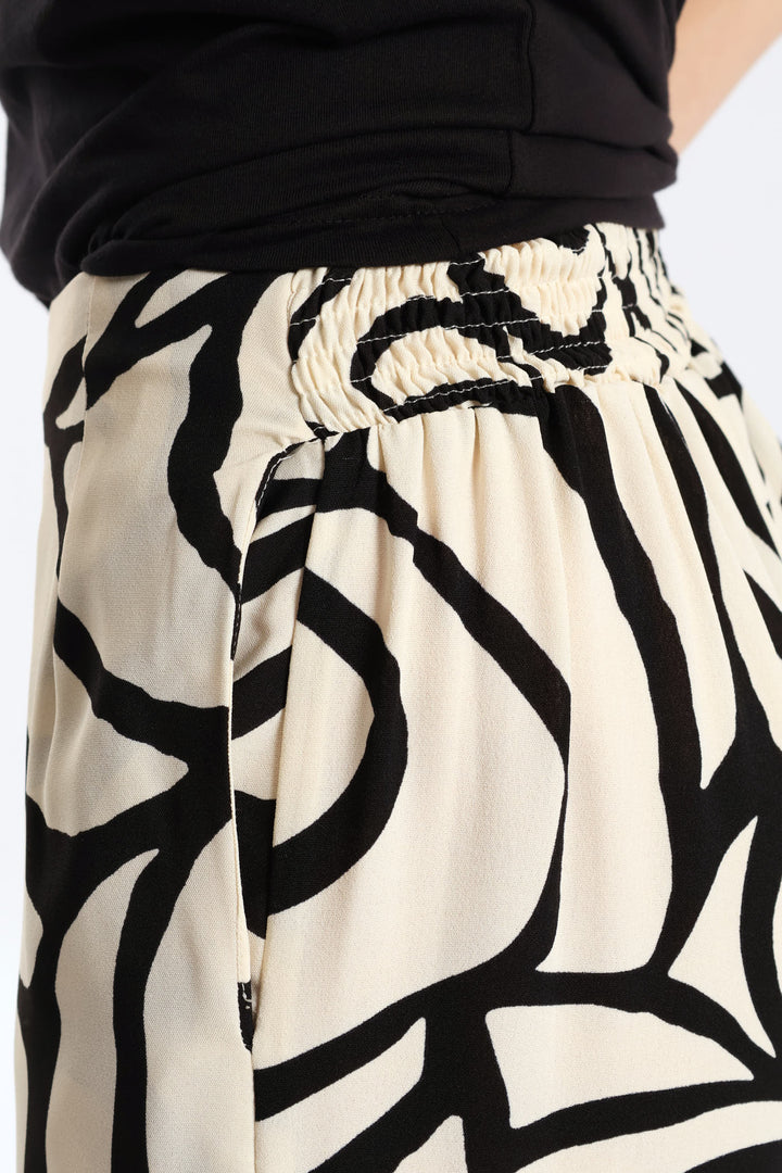 Swirl Print Wide Leg W Front Pleat Pants  - Cream/Black