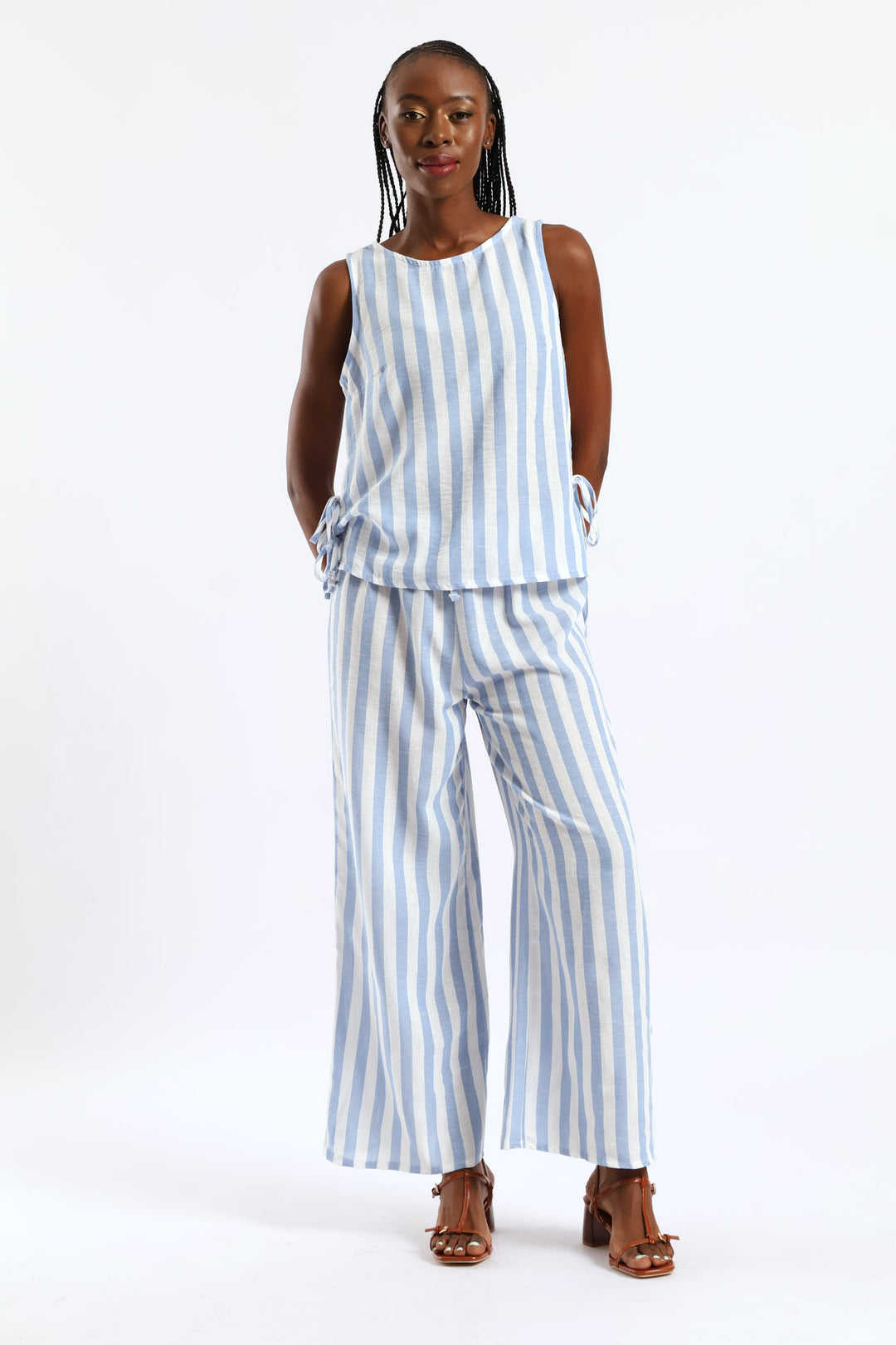 Pull-On Linen Wideleg Pants - White/Light Blue