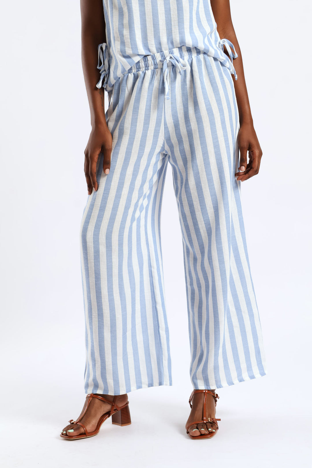 Pull-On Linen Wideleg Pants - White/Light Blue