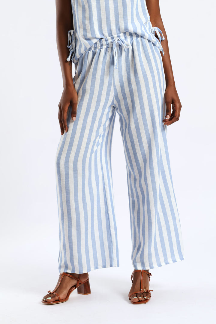 Pull-On Linen Wideleg Pants - White/Light Blue