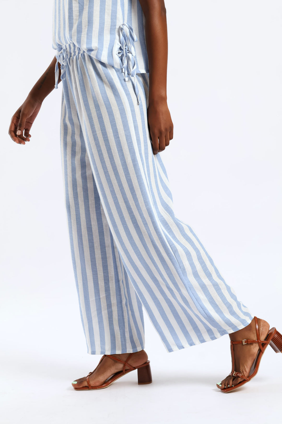 Pull-On Linen Wideleg Pants - White/Light Blue